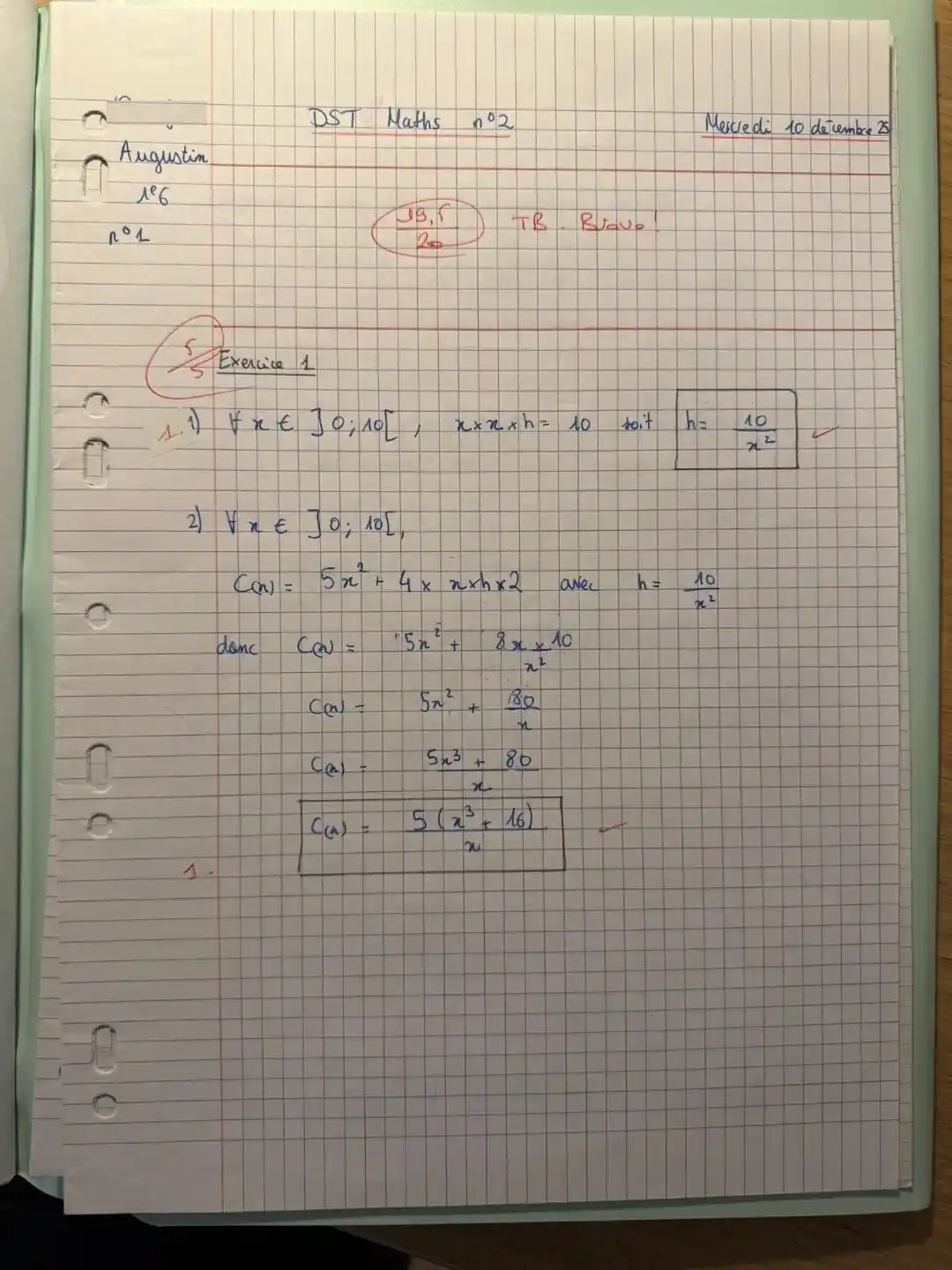 Copie de maths d'Augustin — 19/20, Lycée Daniélou, suivi hebdomadaire