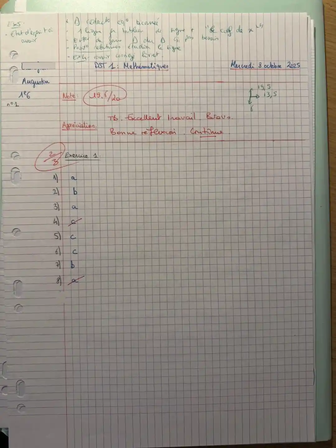 Copie de maths d'Augustin — après le stage et cours hebdomadaires, 19/20, Lycée Daniélou