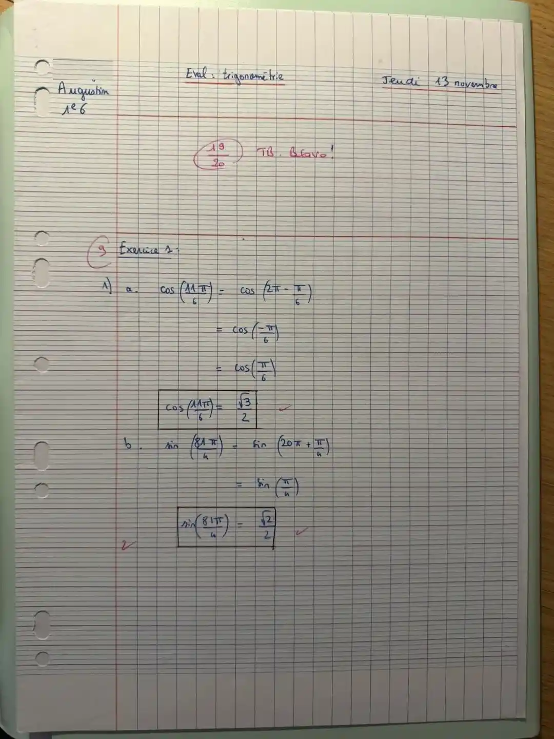 Copie de maths d'Augustin — après cours hebdomadaires, 20/20, Lycée Daniélou