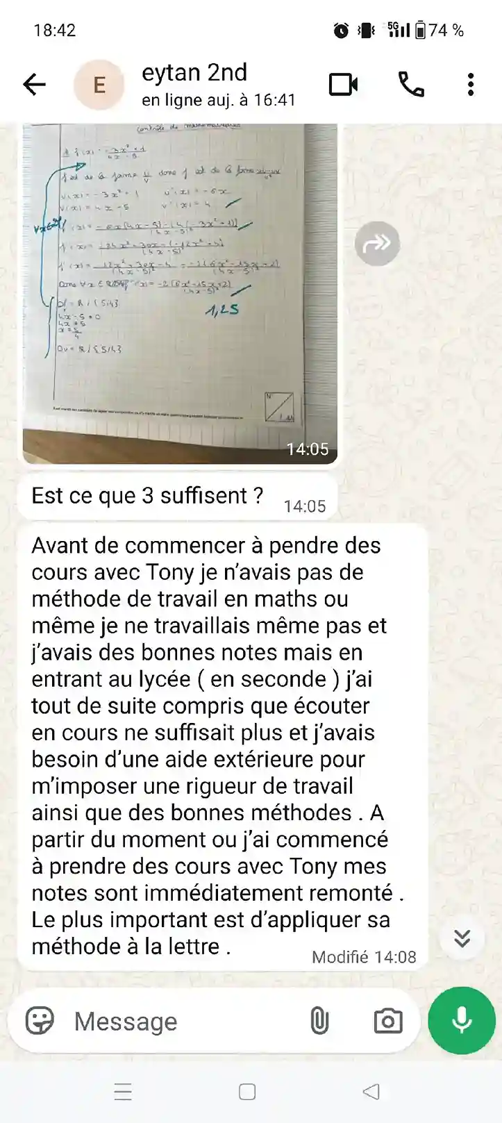 Témoignage manuscrit de Vianney sur son stage de maths à Paris — élève Ipesup Première
