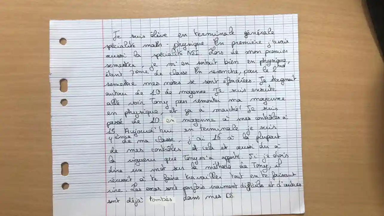 Témoignage manuscrit de Vianney sur son stage de maths à Paris — élève Ipesup Première