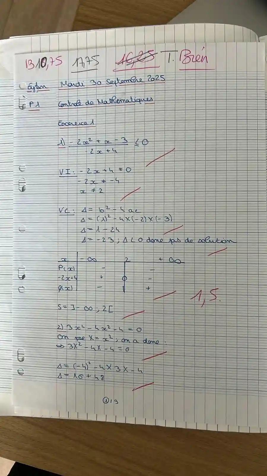 Copie de mathématiques de Eytan — Première spécialité, après le stage de pré-rentrée