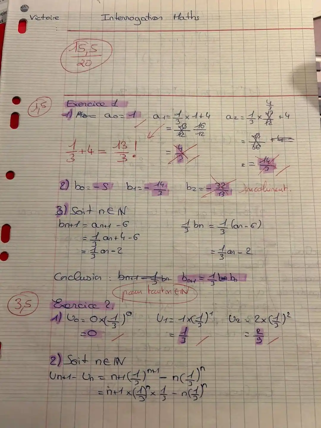Copie de mathématiques de Victoire — Première, Lycée Hoche Versailles, contrôle 1