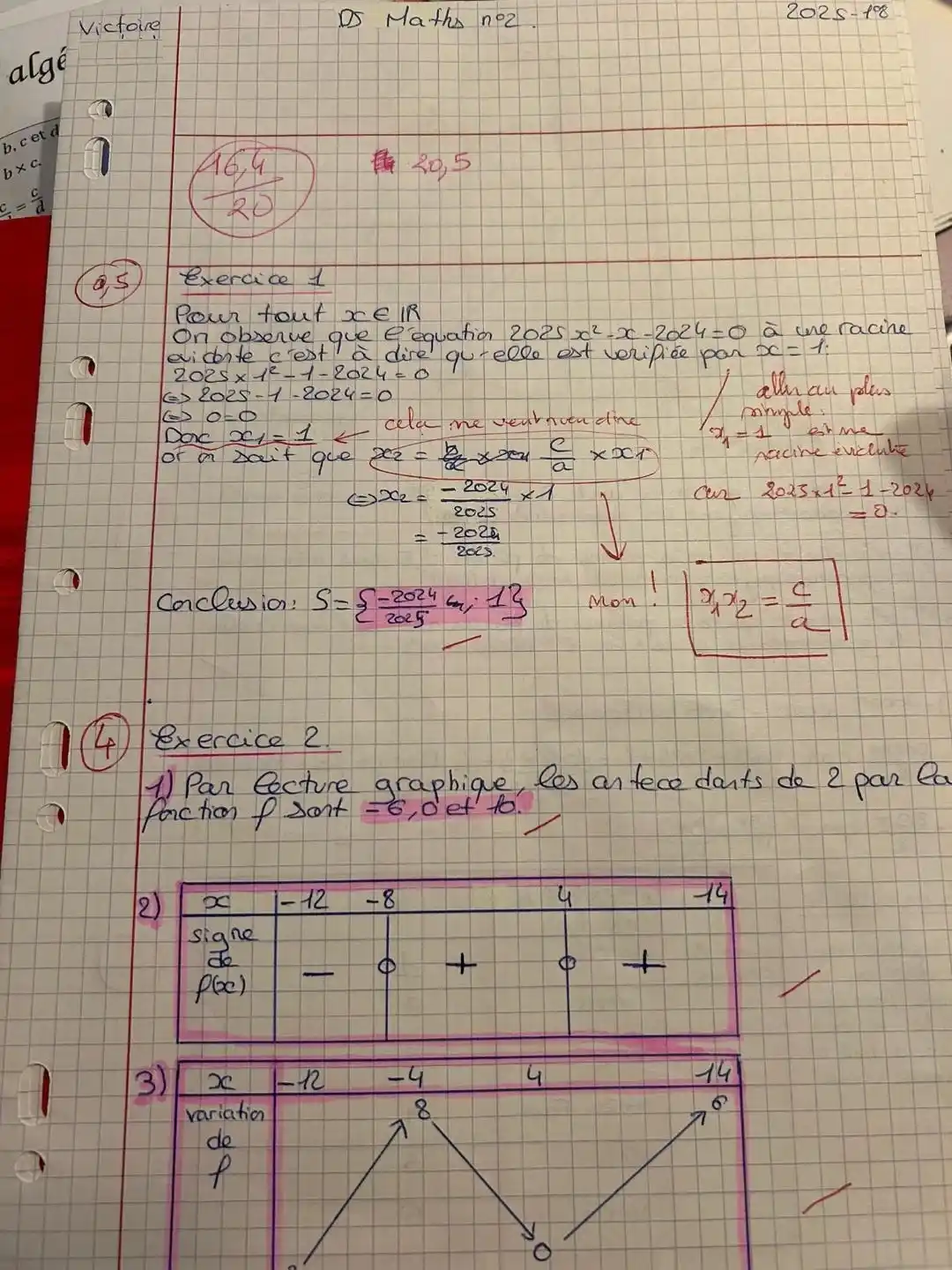 Copie de mathématiques de Victoire — Première, Lycée Hoche Versailles, contrôle 2
