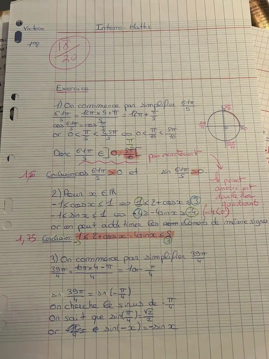 Copie de mathématiques de Victoire — Première, Lycée Hoche Versailles, contrôle 3