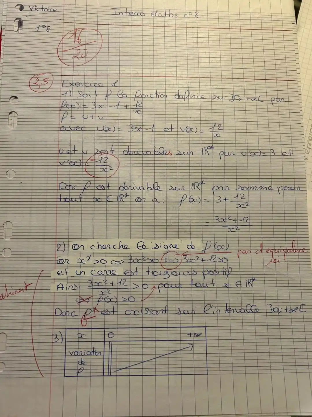 Copie de mathématiques de Victoire — Première, Lycée Hoche Versailles, contrôle 4