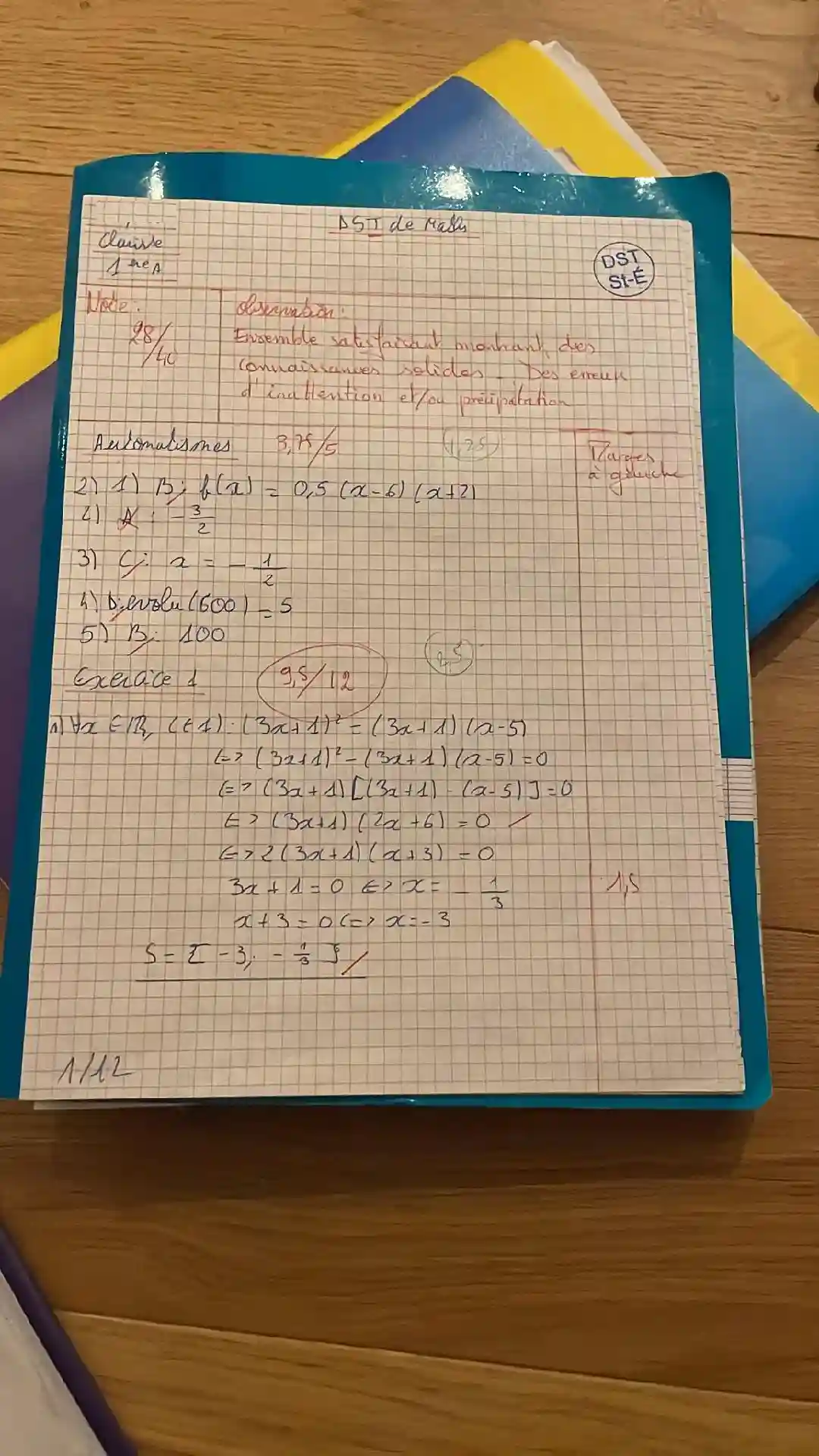 Copie mathématiques 1ère spécialité note 14/20 commentaire ensemble satisfaisant avant stage intensif sur Paris.