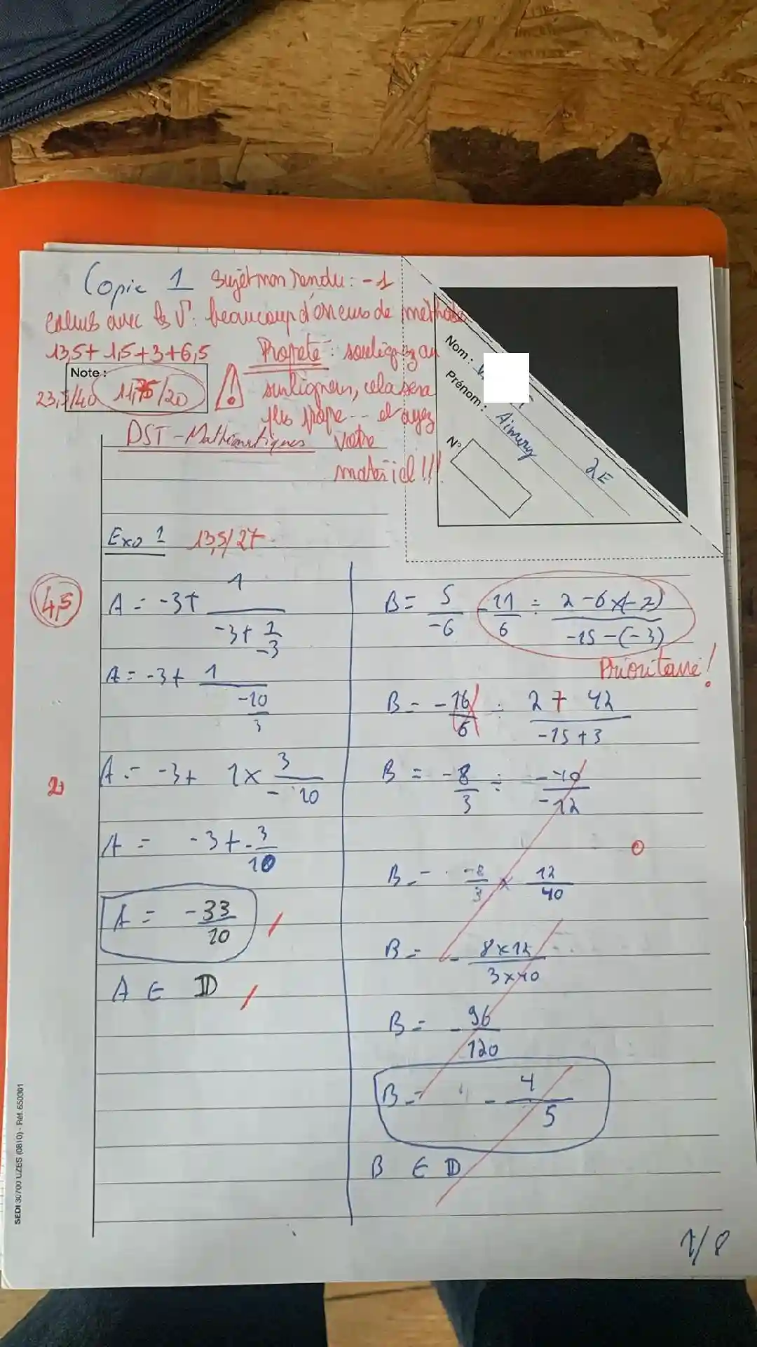 Progression de 12 à 16 en mathématiques pour un élève de Seconde après un stage intensif à Paris 6e