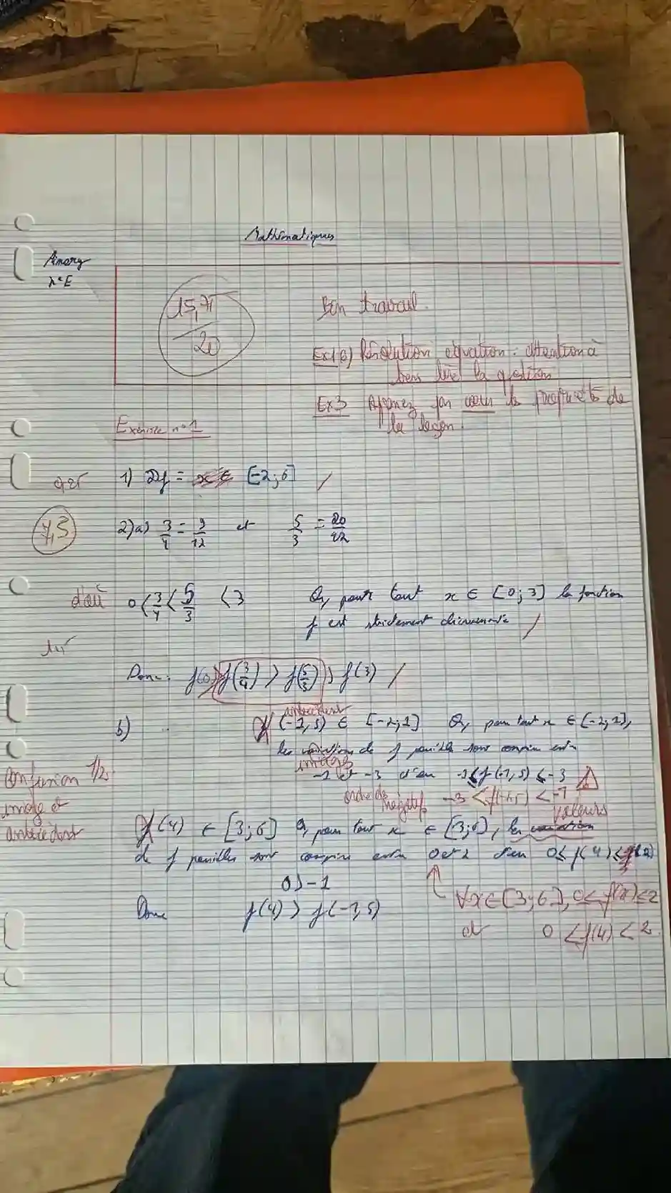 Copie du même élève de Seconde après le stage intensif de maths à
Paris 6e — note de 15,75/20