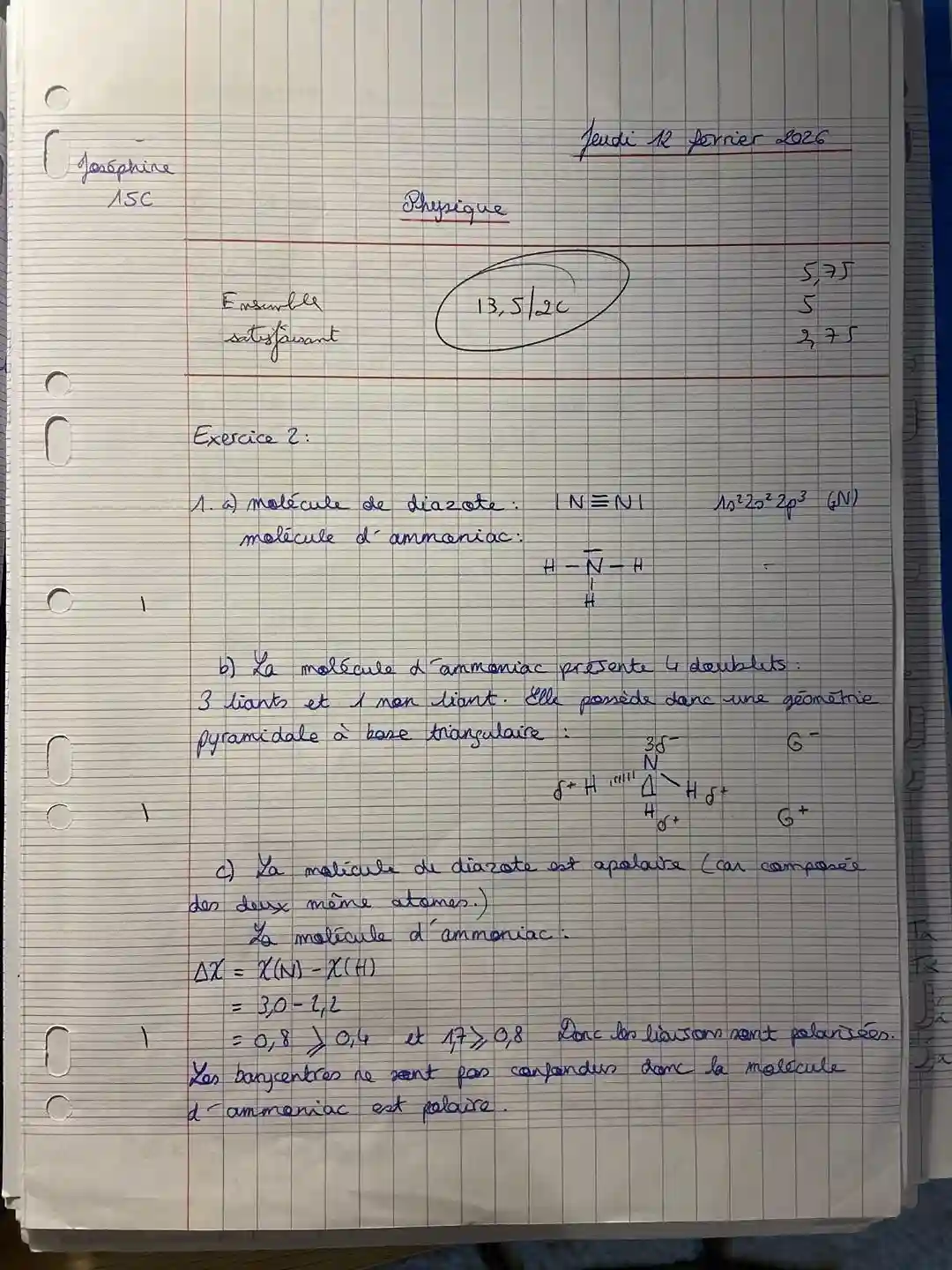 Copie de physique de Première à Stanislas avec une note de 13,5 sur 20 et commentaire ensemble satisfaisant après stage à Paris 6e