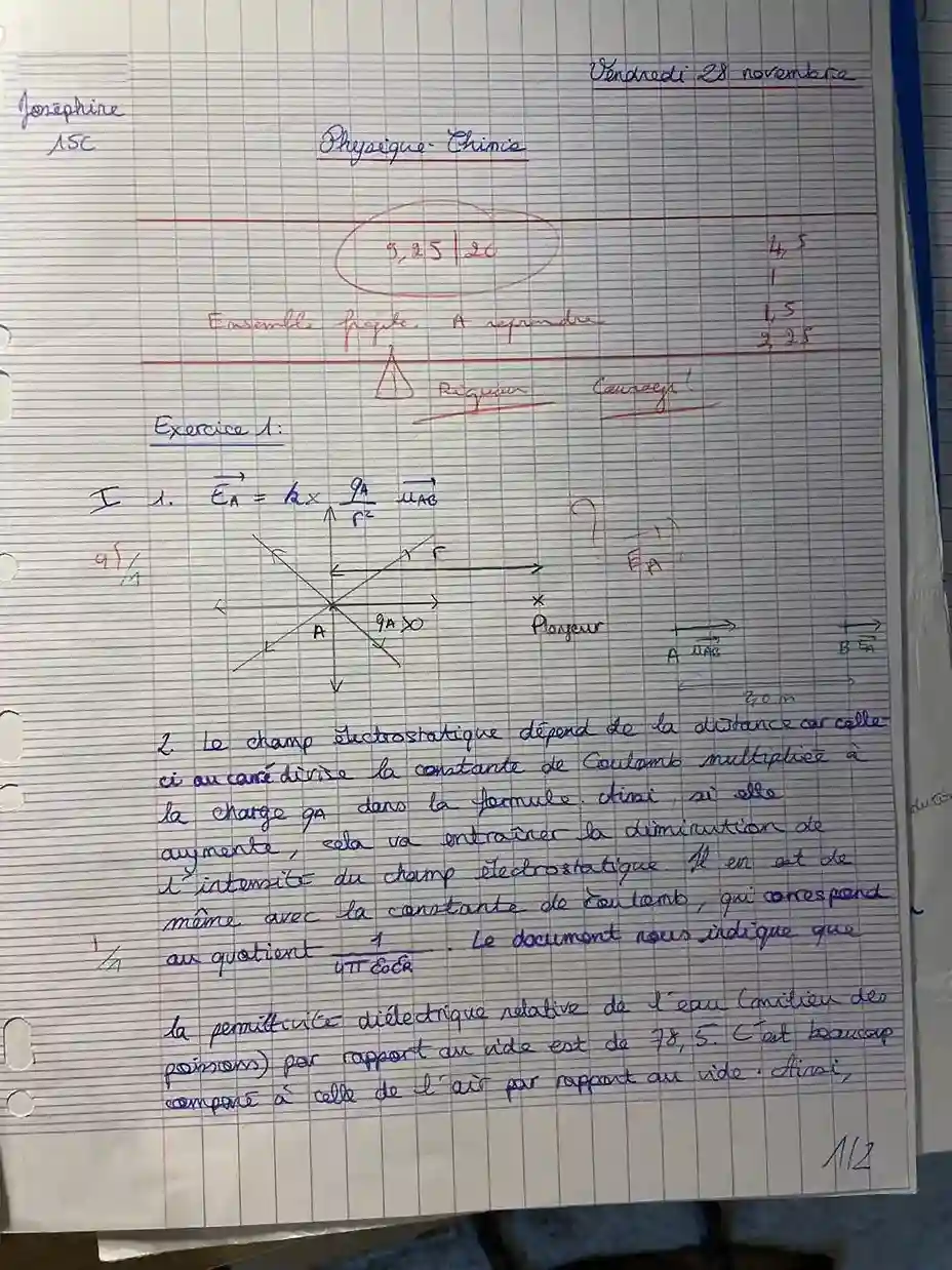 Copie de physique-chimie de Première lycée Stanislas Paris 6e avec une note de 9,25 sur 20 et commentaire ensemble fragile.