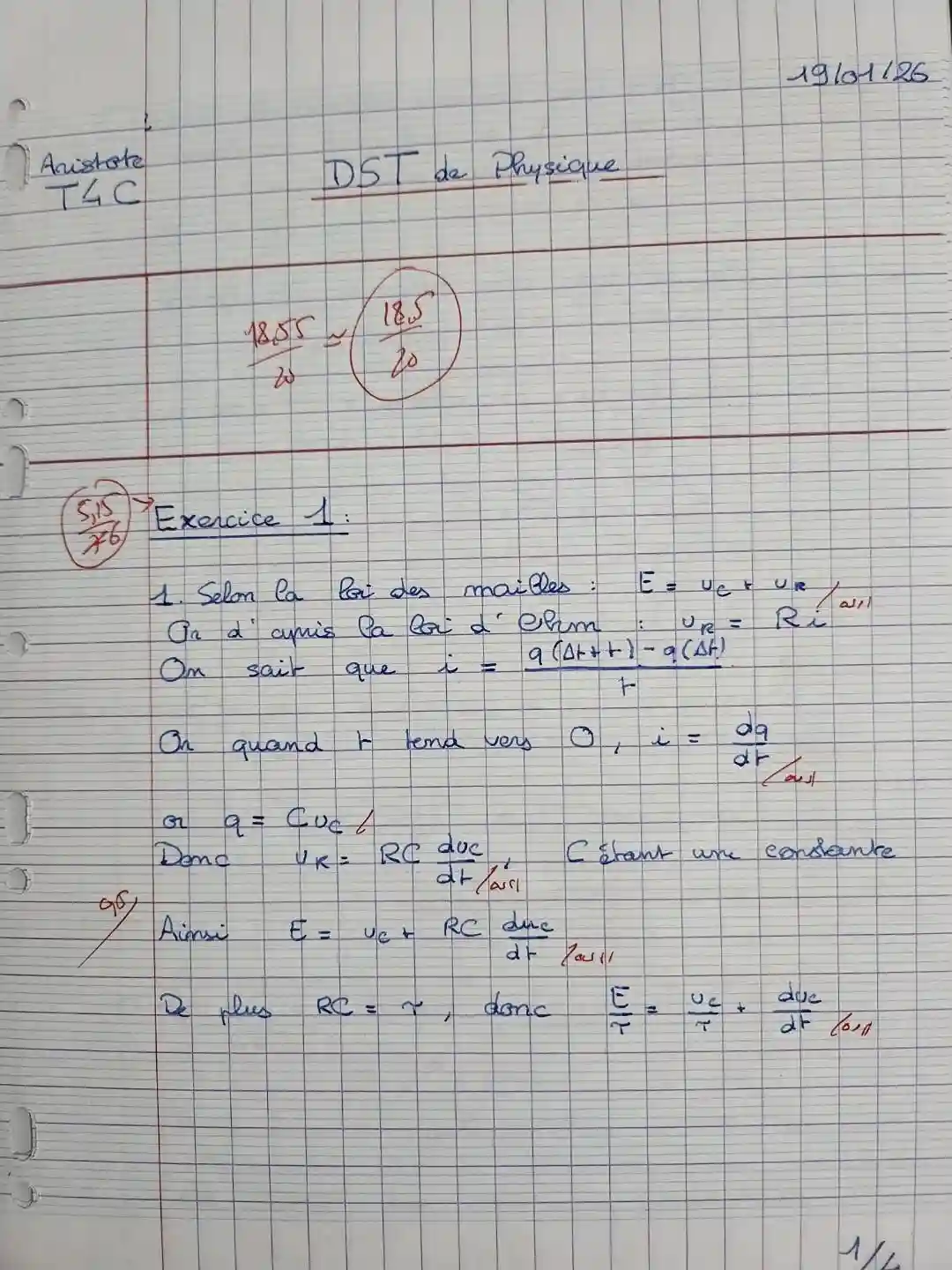 Copie de physique-chimie Terminale spécialité — 18,5/20 au Lycée Stanislas Paris, après le stage intensif
