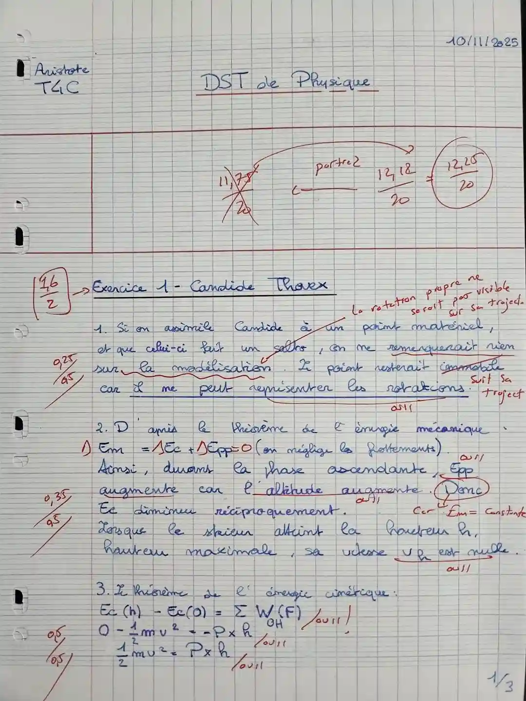 Copie de physique Terminale Stanislas — 12,25/20 avant le stage intensif
