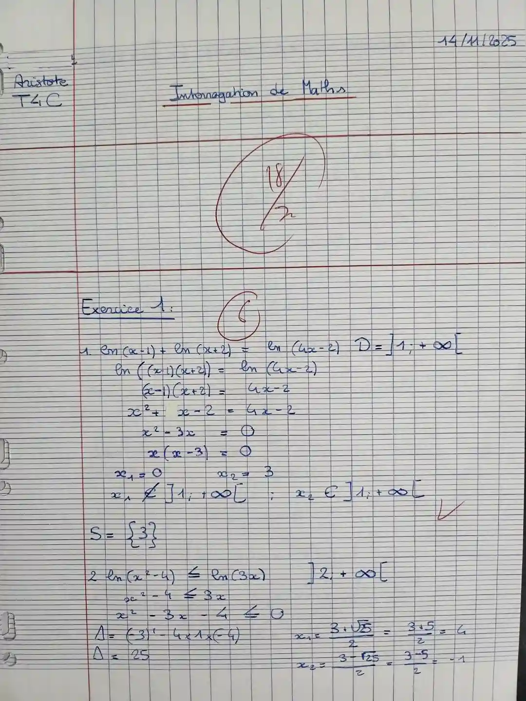 copie de Terminale en stage maths Paris, après le stage de Toussaint
