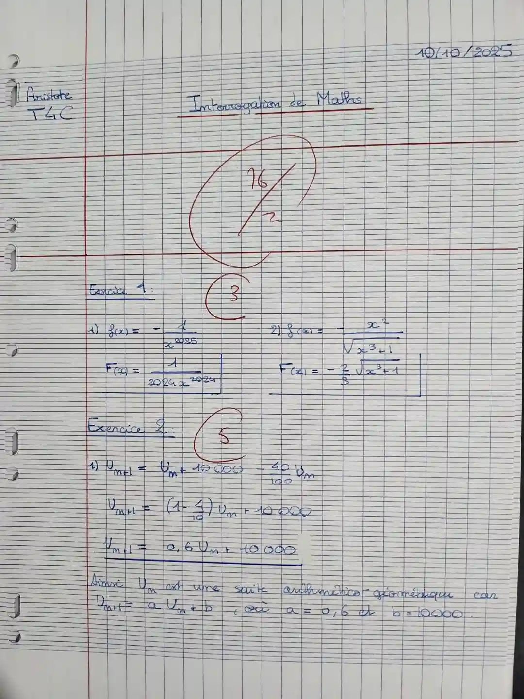 copie de Terminale en stage maths Paris, après le stage de pré-rentrée