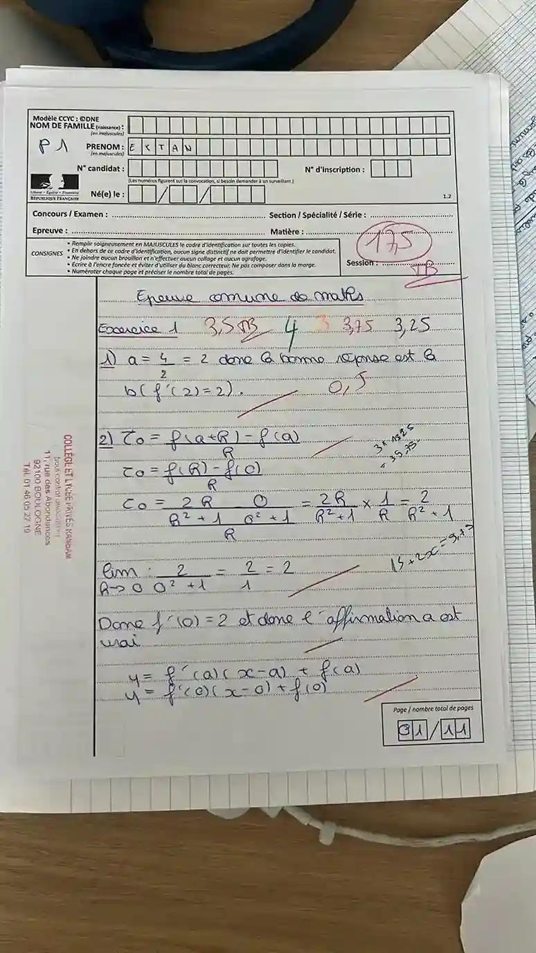 Copie de mathématiques de Eytan — Première spécialité, epreuve commune