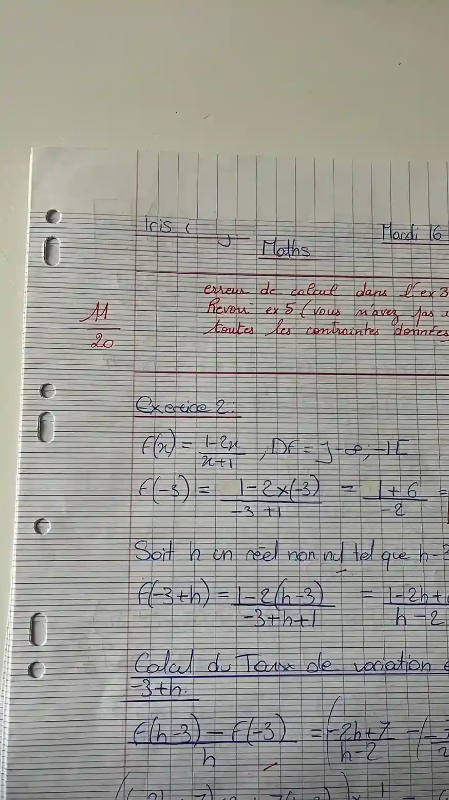 Copie de mathématiques de Iris — Première, Lycée Saint Erembert (Saint Germain-en-laye), contrôle 1