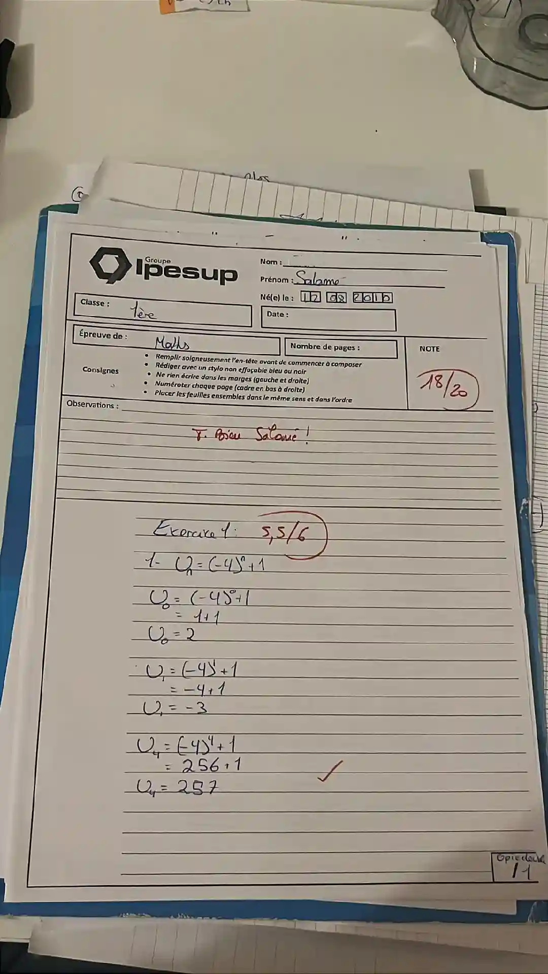 Copie de mathématiques de Salomé — Première spécialité, après suivi personnalisé