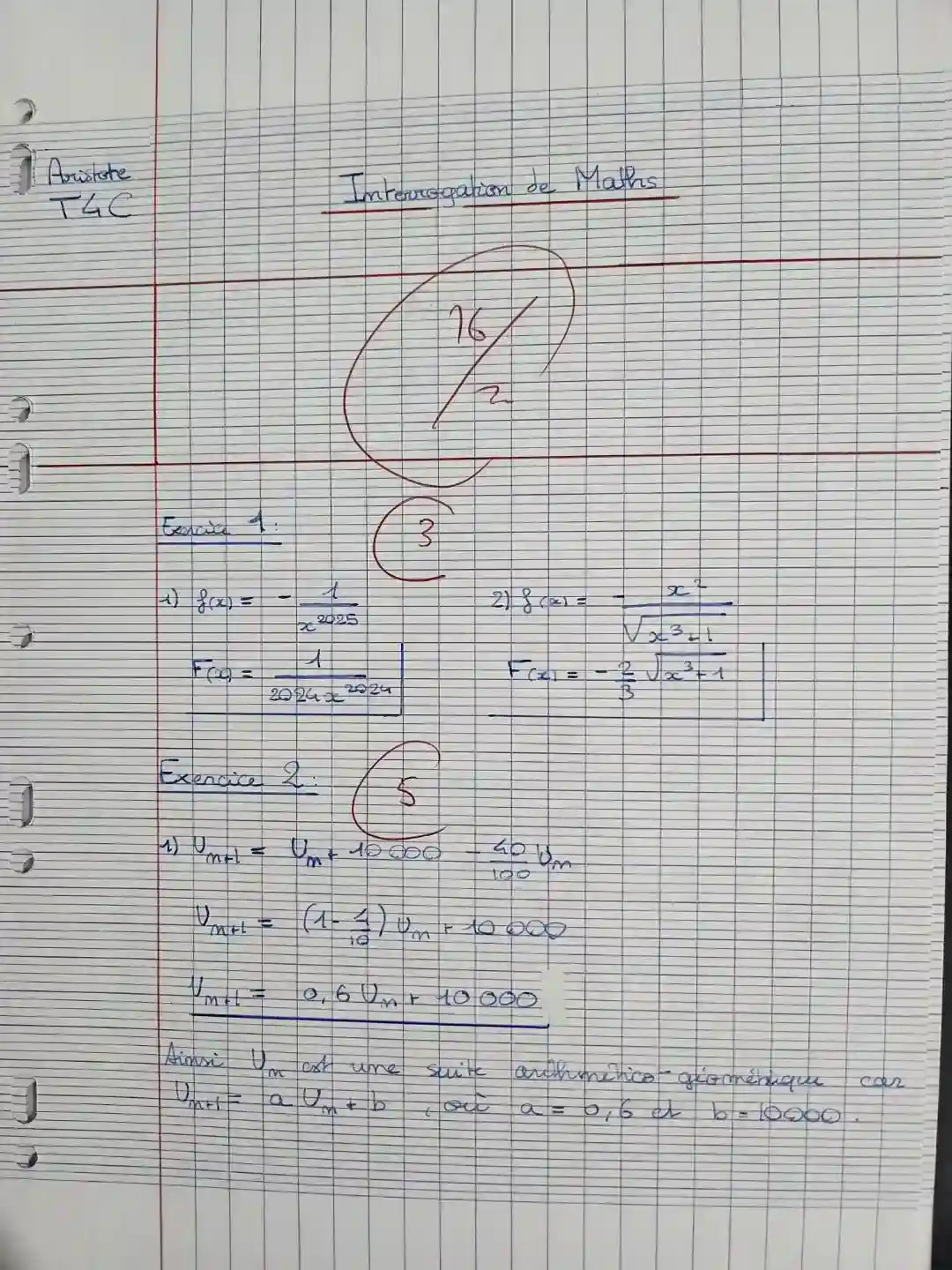 Copie d'un devoir d’élève apres le stage pré-rentrée maths Terminale à Paris – méthode individualisée, groupe de 10 max