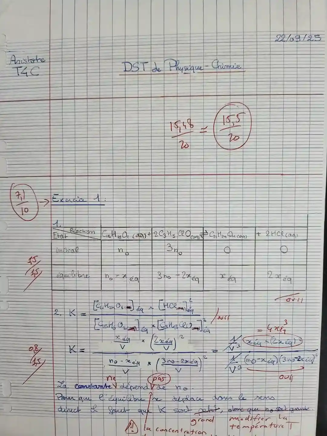 Copie d’une élève après le stage pré-rentrée physique-chimie Terminale à Paris – méthode individualisée, groupe de 10 max