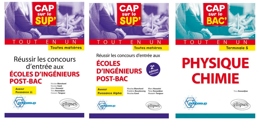 Couverture des trois livres de Tony Kessedjian publiés aux éditions Ellipses – dont un de physique-chimie – preuve d'expertise pour un stage pré-rentrée à Paris
